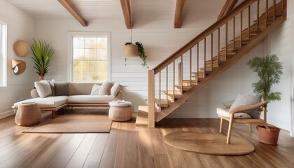  Rustic Wooden Stairs in a Bright Living Room – A farmhouse-style living room with light oak