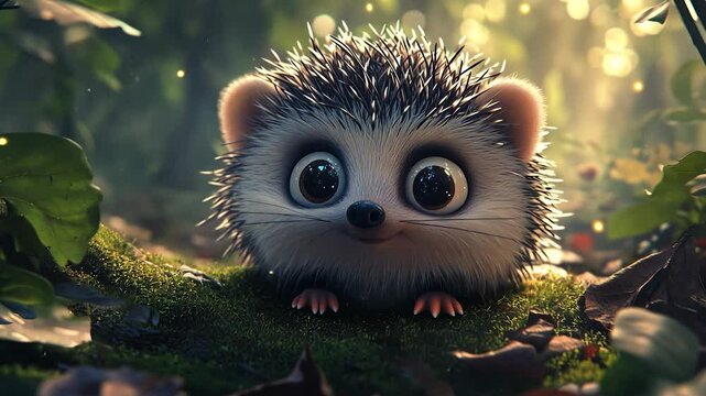 , , , , , hedgehog, , , hedgehog, cute, cute, cute, cute,. Blurry background for a cartoon of a hedgehog. A forest with green light glares. A hedgehog is adorable, adorable, lifestyle adorable,.