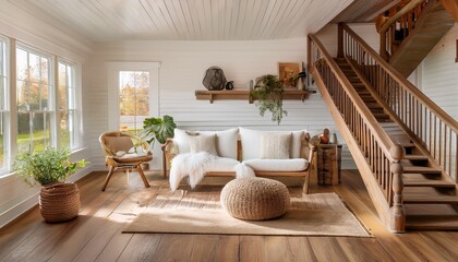 Shiplap Walls & Rustic Wooden Stairs in a Farmhouse Living Room – A charming farmhouse livin