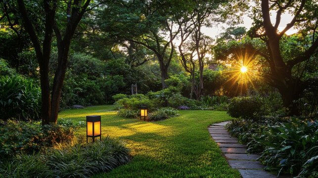 Backyard garden at sunset with solar-powered lamps and the last rays of sunlight filtering through trees