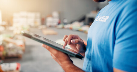 Volunteer, donation and hands with man and tablet for non profit, inventory checklist and humanity...