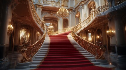 Obraz premium Grand palace interior with opulent staircase, red carpet, gold railings, and chandeliers.