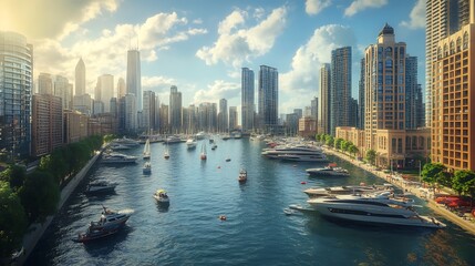 Fototapeta premium Sunny cityscape with harbor, yachts, and skyscrapers.