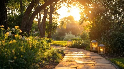 Obraz premium Serene backyard with solar lanterns along a path and golden hour sunlight peeking through trees