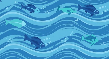 Obraz premium Swimming Fish Illustration with Blue Ocean Waves and Bubbles Pattern
