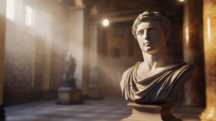 A classical-style bust of a man in a room with neutral background and simple decor