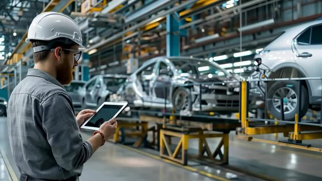 A skilled engineer utilizes a tablet to monitor and manage automotive assembly processes on the factory floor, showcasing the intersection of technology and mechanical engineering.