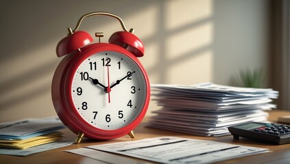 A classic red alarm clock sits on a desk next to stacks of paperwork and a calculator, casting soft shadows in the warm sunlight.
