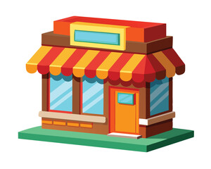 Colorful Storefront with Striped Awning. Retail Building Facade