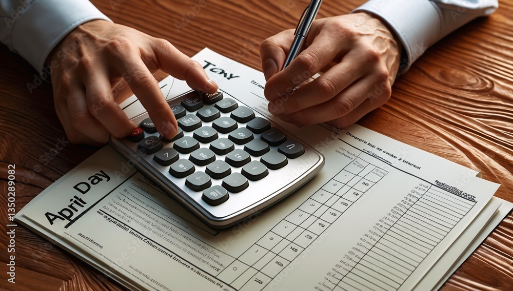 Poster a person using a calculator while taking notes on a financial report, showcasing focus and attention