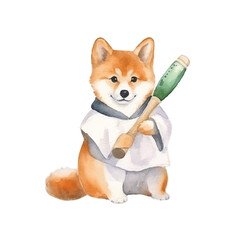 watercolors Cute cool shiba inu dog holding baseball