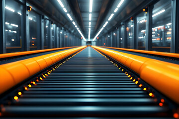 Obraz premium Abstract Conveyor Belt System in Industrial Setting with Bright Orange Pipes