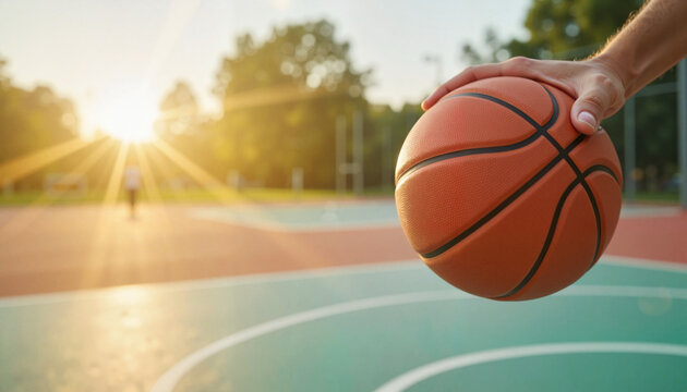 Player holding basketball ready to shoot on court at sunset 