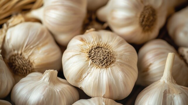 A collection of garlic bulbs placed on a table, great for food, cooking or kitchen photography