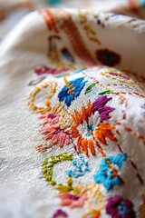 A close-up shot of a colorful embroidered fabric with intricate designs and patterns