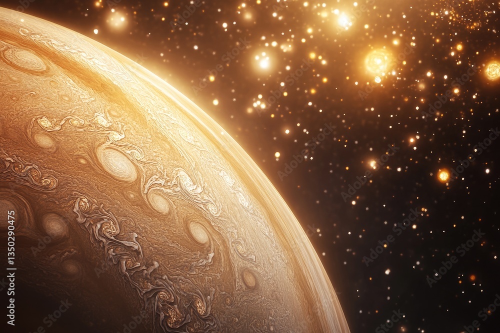 Poster a close-up view of a planet with many stars shining in the background