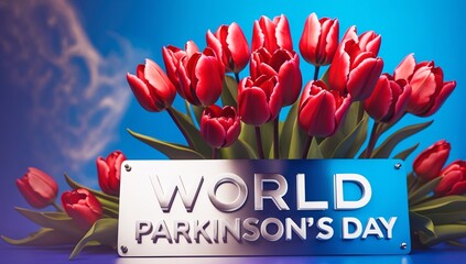 A vibrant display of red tulips alongside a sign for World Parkinson's Day, symbolizing hope and awareness.