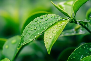 Fototapeta premium Dew drops on vibrant green tea leaves.