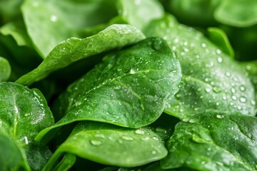 Fototapeta premium Close-up of fresh, dewy spinach leaves.