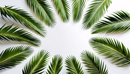 Arrangement of lush green palm leaves on a white background, creating a vibrant and tropical feel.