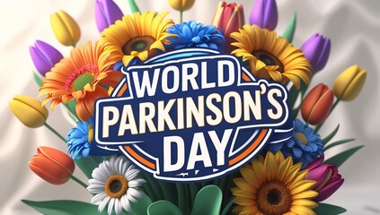 Colorful flowers surround a vibrant sign promoting World Parkinson's Day.