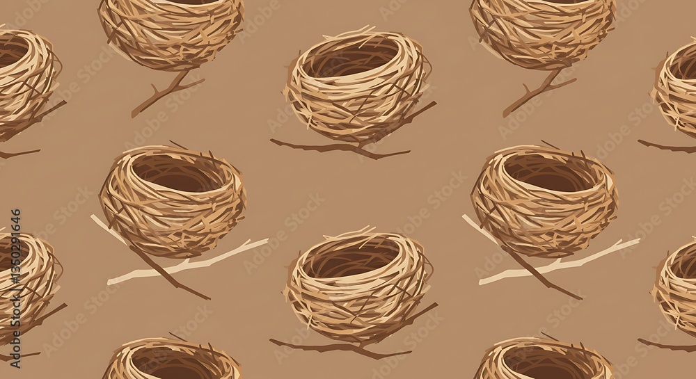 Poster repeating bird nest pattern on beige background for spring decor