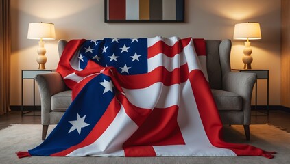 A vibrant American flag blanket draped over a cozy beige sofa, creating a warm and patriotic atmosphere in the room.