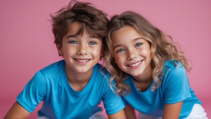 Two children, a boy and a girl, smile happily against a vibrant pink backdrop, exuding joy and friendship.
