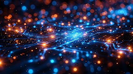 Obraz premium Abstract representation of a vibrant digital circuit illuminated with blue and orange lights, showcasing technology