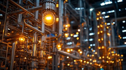 Industrial Pipes and Glowing Lights in a Factory Setting