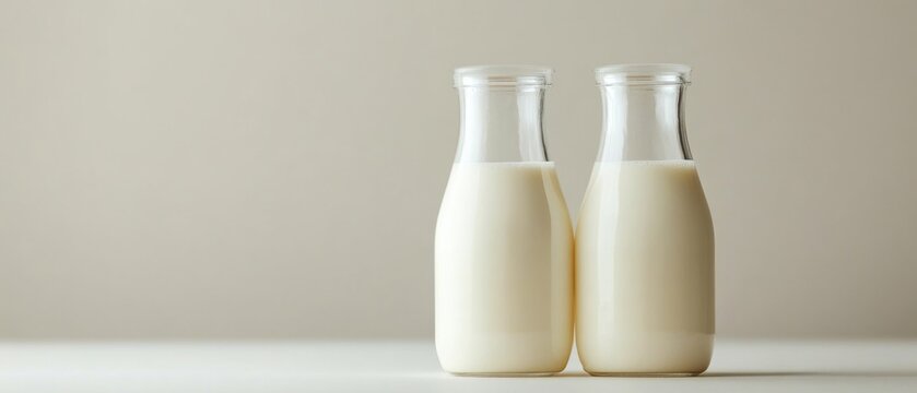 Two empty milk bottles sitting on a table, possibly awaiting use or disposal