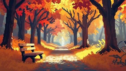A cozy pixel art scene of an autumn forest path covered in golden leaves. The trees display shades of orange, red, and yellow. A wooden bench sits beside the path, inviting travelers to enjoy
