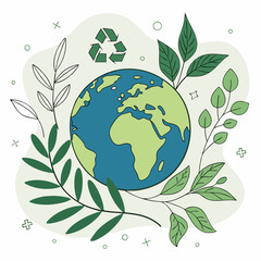 Earth globe surrounded by green leaves and eco symbols