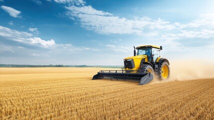 Obraz premium Bright Yellow Tractor Harvesting Golden Wheat Under Clear Blue Sky in Expansive Agricultural Field