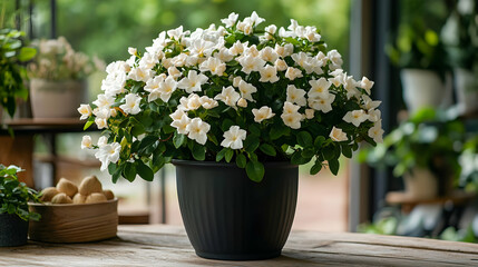 Obraz premium White azalea in pot, garden center, blurred background, plant sale