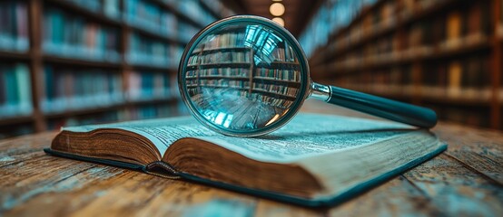 A magnifying glass is positioned closeup on an open book that is sitting on a desk, with space available to add copy