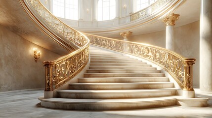 Elegant spiral staircase with gold railings in a grand hall.