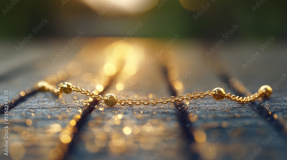 Poster a close-up shot of a chain lying on a wooden table, suitable for use in a variety of contexts such a