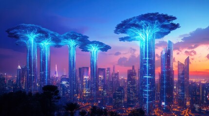 Obraz premium A conceptual image of bioengineered glowing trees illuminating a futuristic city