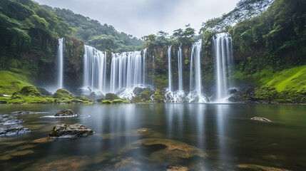Fototapeta premium Majestic waterfall cascades into tranquil pool, lush greenery backdrop; nature serenity