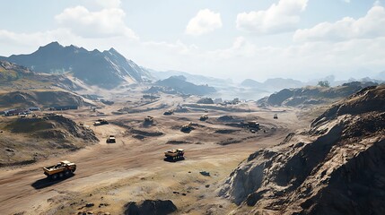 Aerial view of heavy machinery operating in a vast, mountainous quarry.