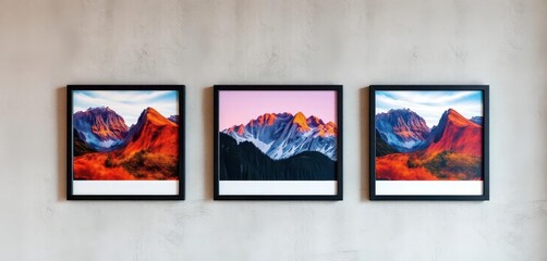 Three framed posters on a textured wall, various styles, pictures, wall decor, gallery