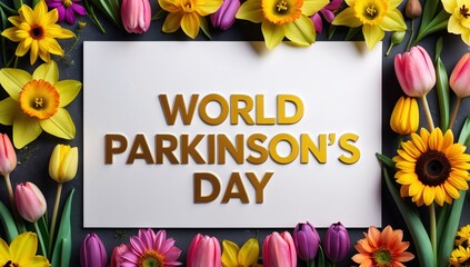 Vibrant floral arrangement celebrating World Parkinson's Day with colorful flowers and a prominent message.