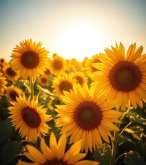 Obraz premium Vibrant sunflower field, blossoms bathed in sunlight, golden petals, pollen dusting, blossom, macro
