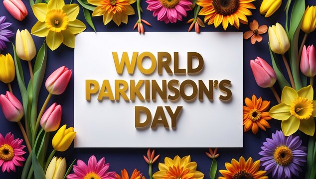 Colorful floral arrangement with the message 'World Parkinson's Day' emphasizing awareness and support.