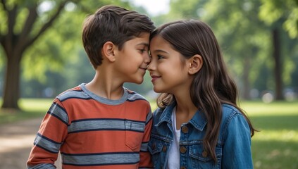 Obraz premium A tender moment between a young boy and girl sharing a playful, innocent smile in a sunlit park, showcasing friendship and joy.