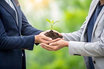 World environment day. Business hands holding green plant together for environment sustainable development goal. Green business company and esg, csr concept. Corporate and community cooperation