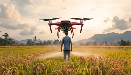 Drone spraying rice paddy field. (1)