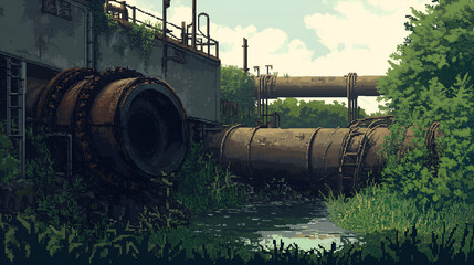 Ruined urban water treatment plant with rusted pipes and overgrown vegetation