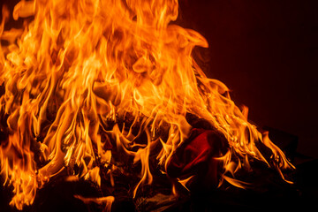 Texture of fire on black background. Abstract fire flame background. Large burning fire. Blaze fire...